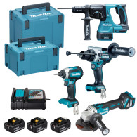 kit makita DLX4192TJ composto DHP492+DGA513+DHR243+DTD153+3xBL1850B+DC18RC+2xMAKPAC