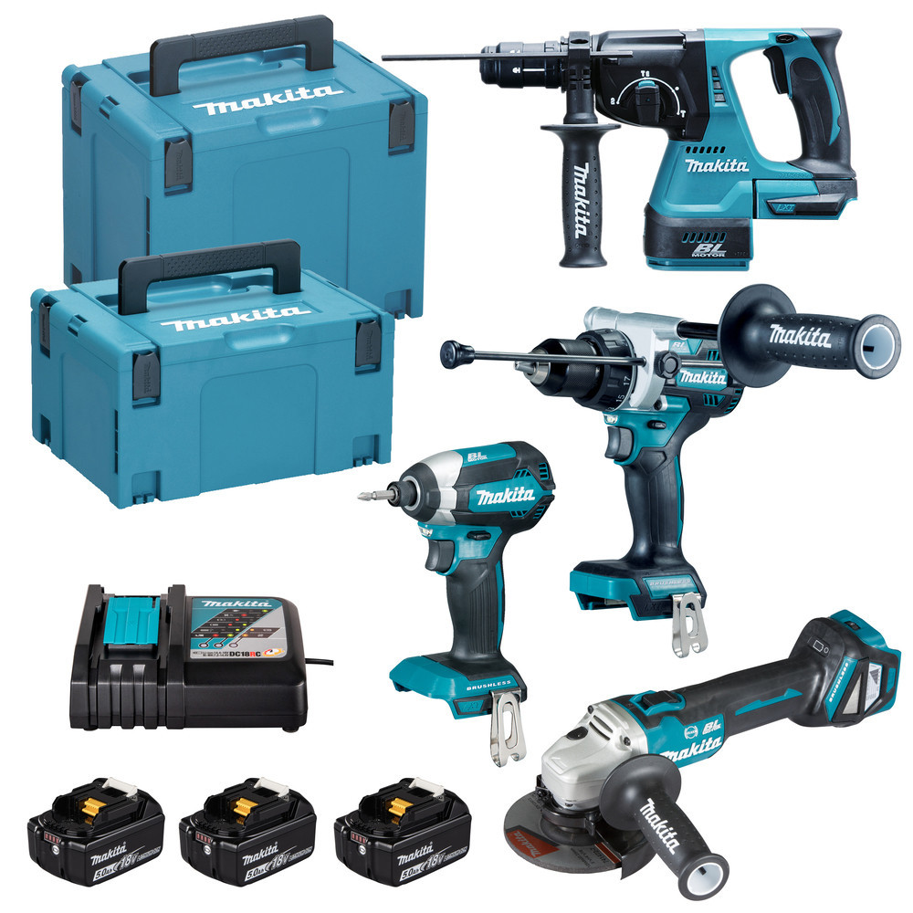 kit makita DLX4192TJ composto DHP492+DGA513+DHR243+DTD153+3xBL1850B+DC18RC+2xMAKPAC